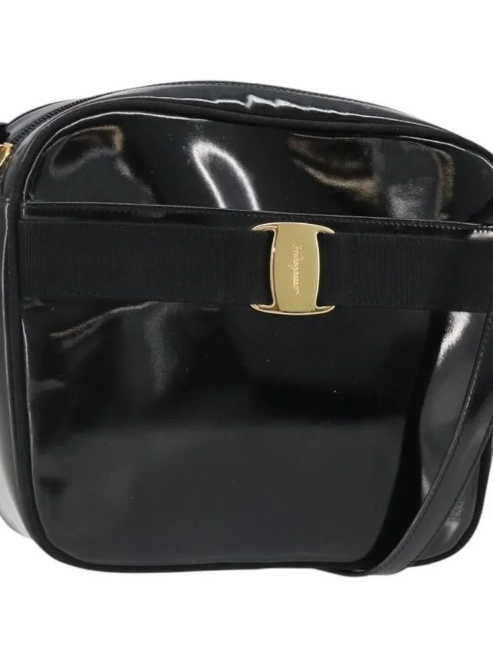 Salvatore Ferragamo Shoulder Bag Patent Leather Black Gold Auth BA13465